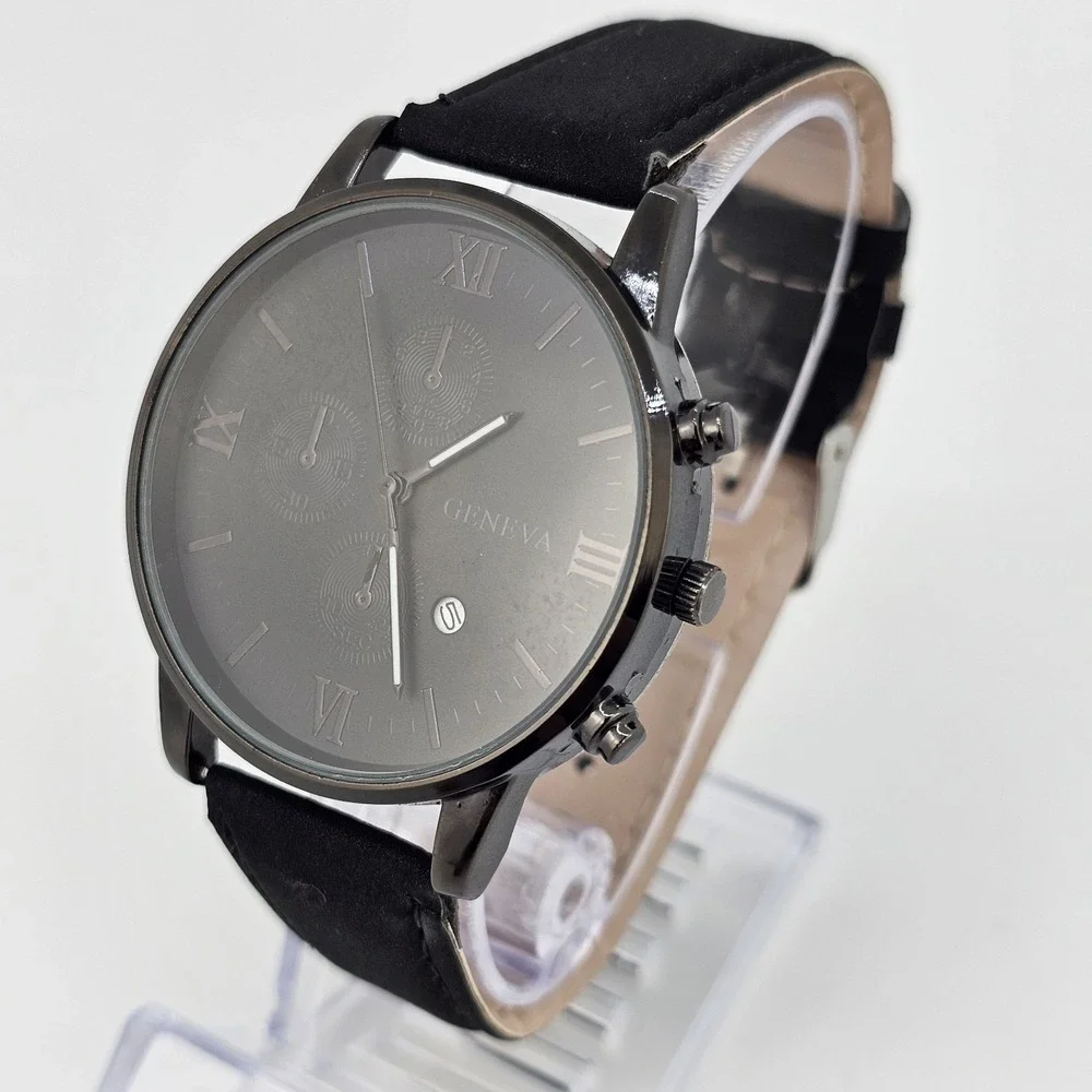 Men's Analog Watch 41MM Black Dial Date Black Faux‎ Leather Bands New Battery